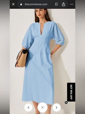 Commense Large Light Blue V-Neck Midi Dress with Puff Sleeves Linen